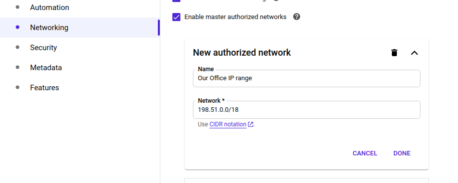 Master Authorized Network